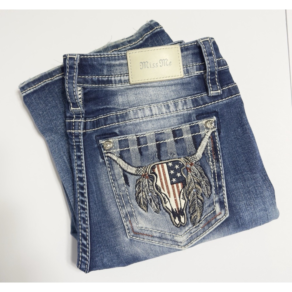 Miss Me "Stars & Stripes Longhorn" Mid-Rise Bootcut Jeans 30x31 Western Cowgirl